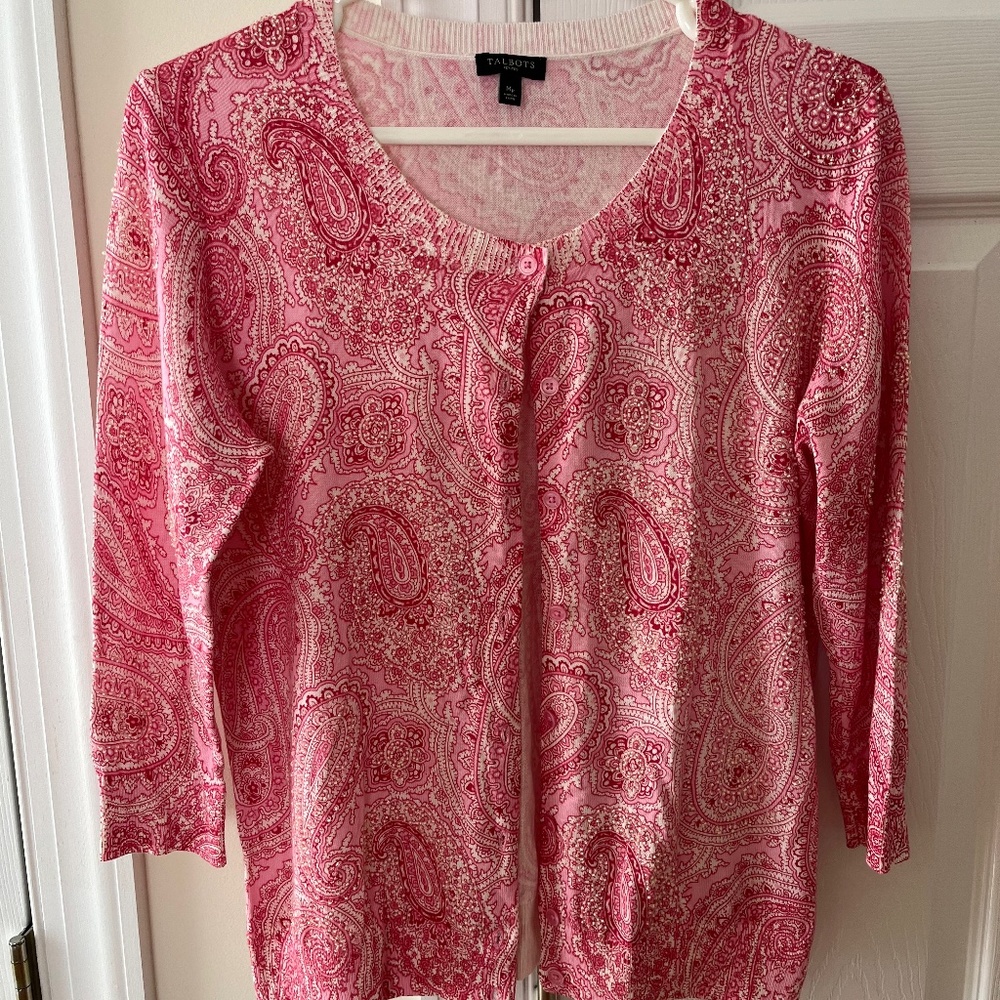 Pink Paisley Beaded Cardigan Sweater, Size MP